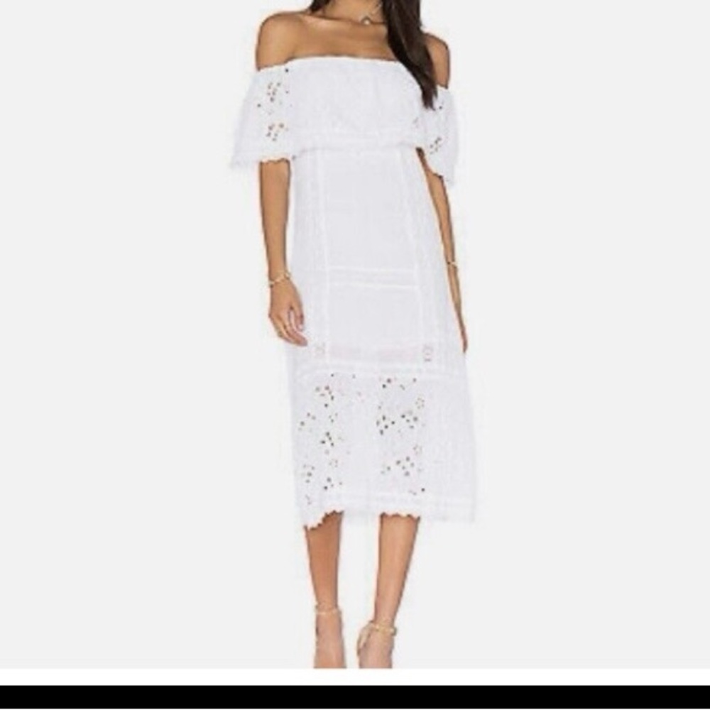 Free People Romantic off the shoulder Embroidered Cotton Midi Dress Ivory Sz XS